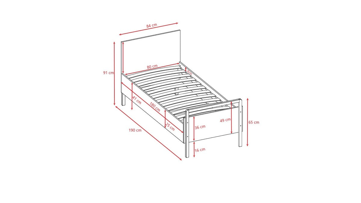 Dimension schematic of Victor kids bed showing measurements for length, width, height and leg placement