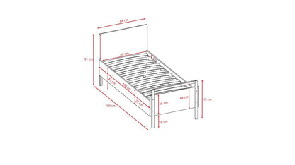 Dimension schematic of Victor kids bed showing measurements for length, width, height and leg placement