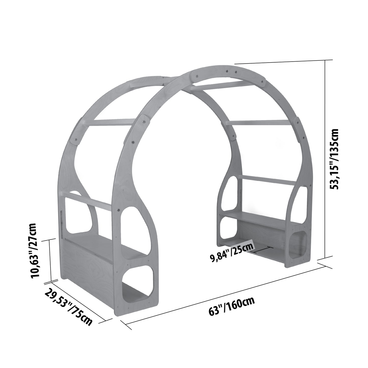 Dimensions diagram showing measurements of wooden play stand at 63 inches wide by 53.15 inches tall