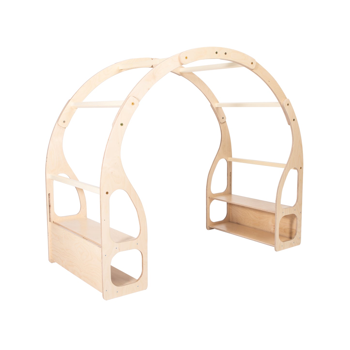 Back view of natural wood house bed frame highlighting curved arch structure