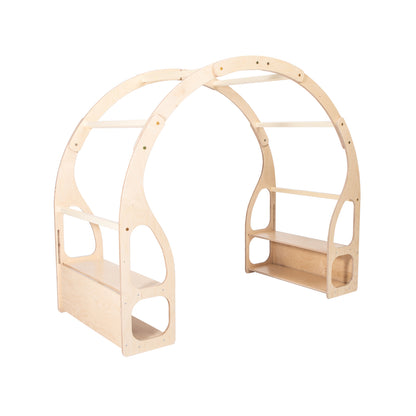Back view of natural wood house bed frame highlighting curved arch structure