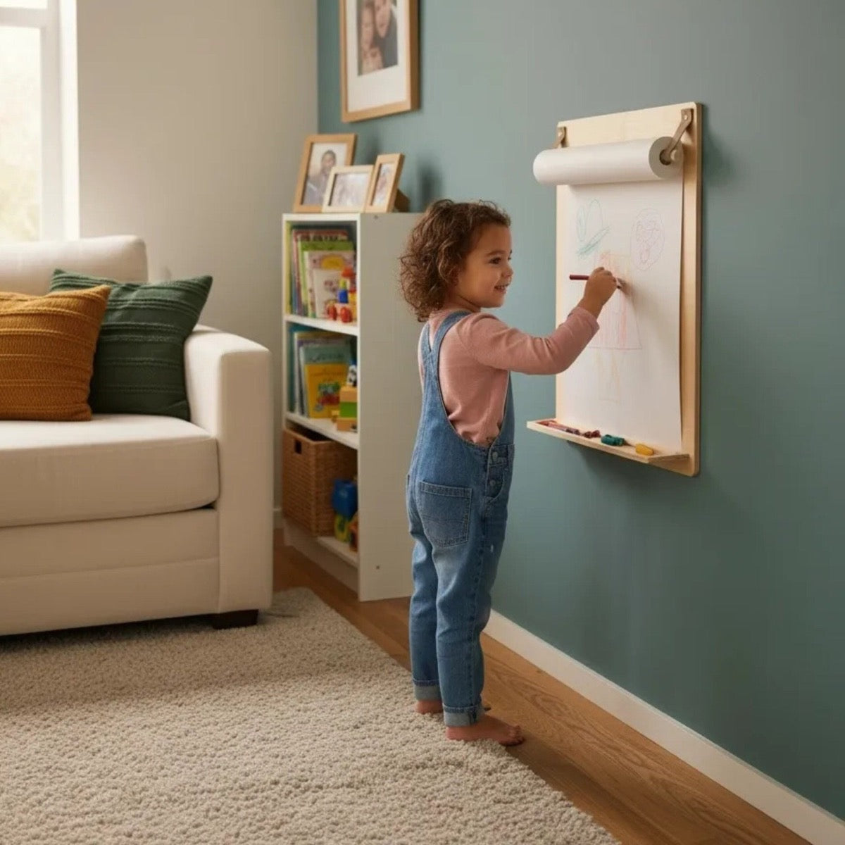 Child drawing on wall-mounted wooden drawing board with paper roll in playroom