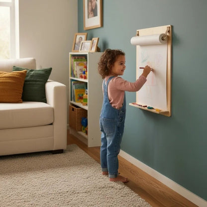 Child drawing on wall-mounted wooden drawing board with paper roll in playroom