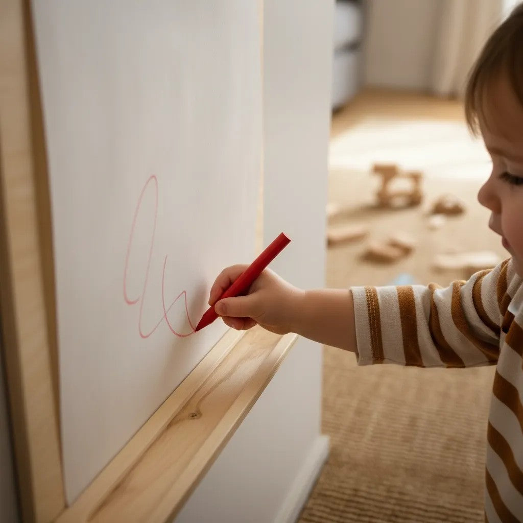 Close-up of child using red crayon on drawing board's white paper surface