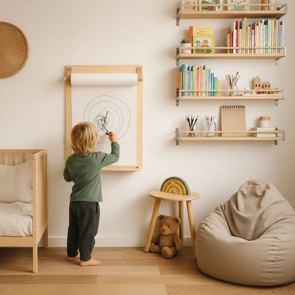 Child standing at wall-mounted drawing board creating artwork in bright playroom