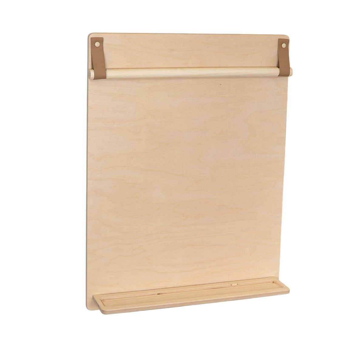 Wooden drawing board displaying blank white paper and pencil ledge shelf