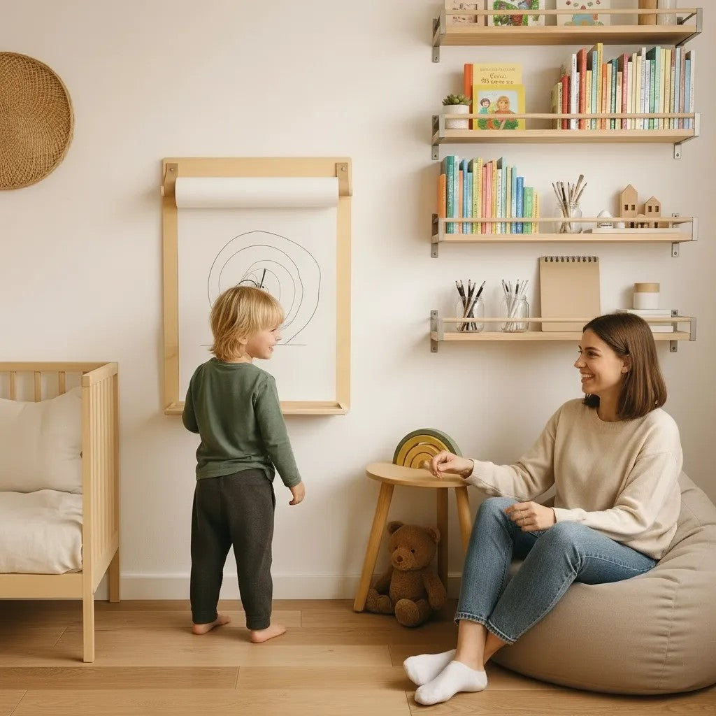 Toddler drawing on wooden art station while adult supervises in bedroom