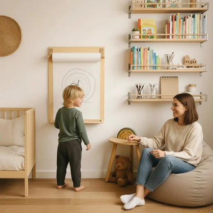 Toddler drawing on wooden art station while adult supervises in bedroom