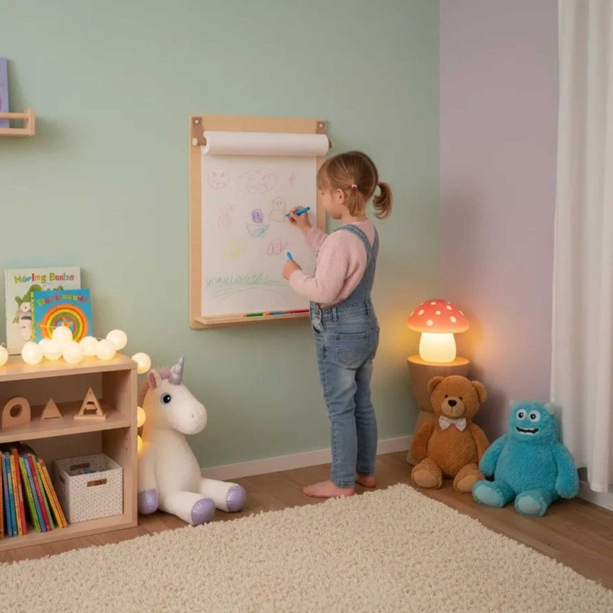 Child using wall-mounted drawing board decorated with colorful artwork in playroom