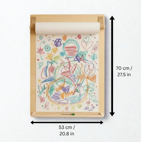 Dimensions of wooden drawing board showing 70cm height and 53cm width