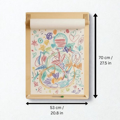 Dimensions of wooden drawing board showing 70cm height and 53cm width
