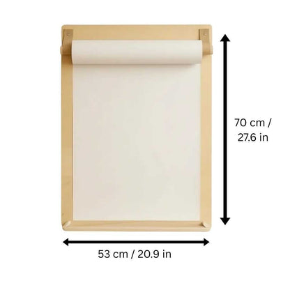 Front view of wooden drawing board with dimensions and full-height paper roll