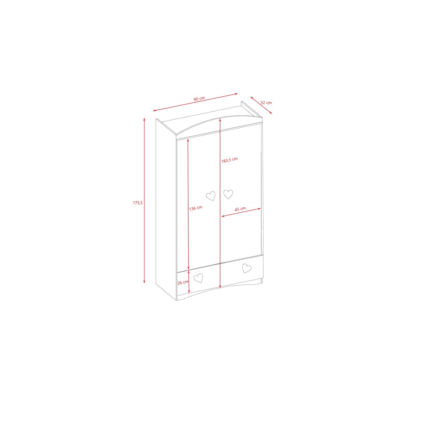 Dimension diagram of Julia wardrobe showing height, width and internal shelf measurements