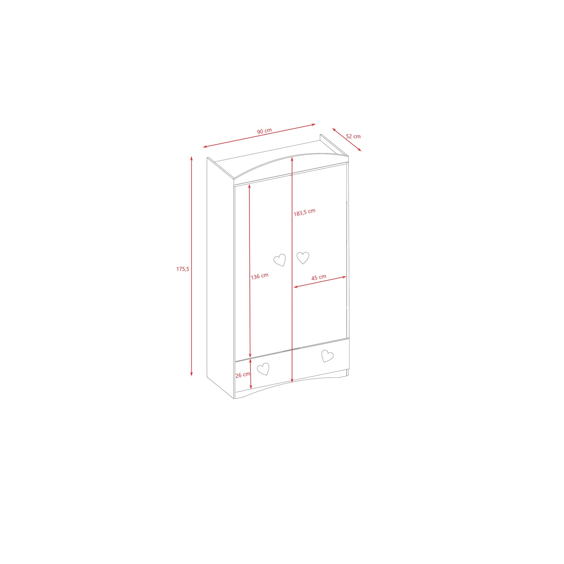 Dimension diagram of Julia wardrobe showing height, width and internal shelf measurements