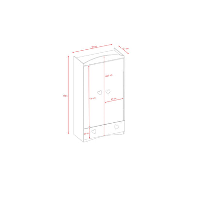 Dimension diagram of Julia wardrobe showing height, width and internal shelf measurements