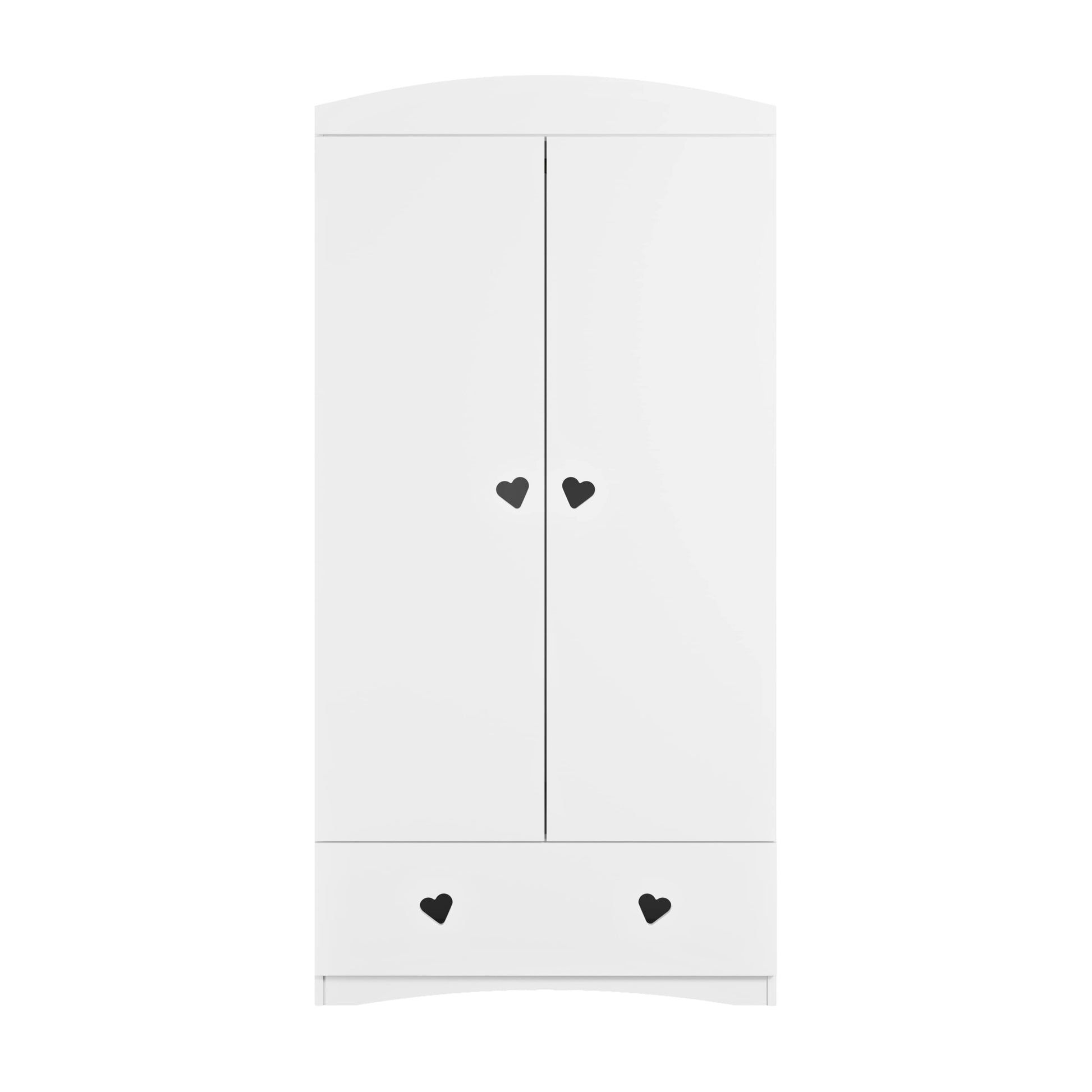 Front-facing white Julia wardrobe with two heart-cutout door handles and lower storage drawer
