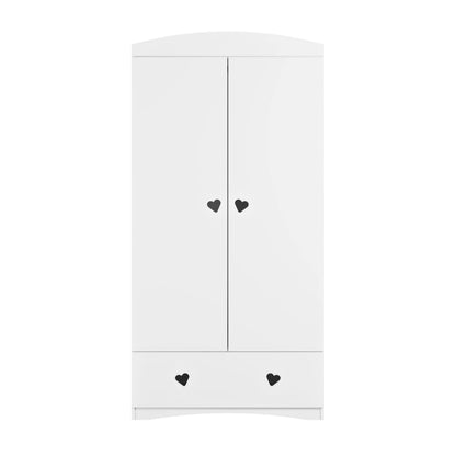 Front-facing white Julia wardrobe with two heart-cutout door handles and lower storage drawer