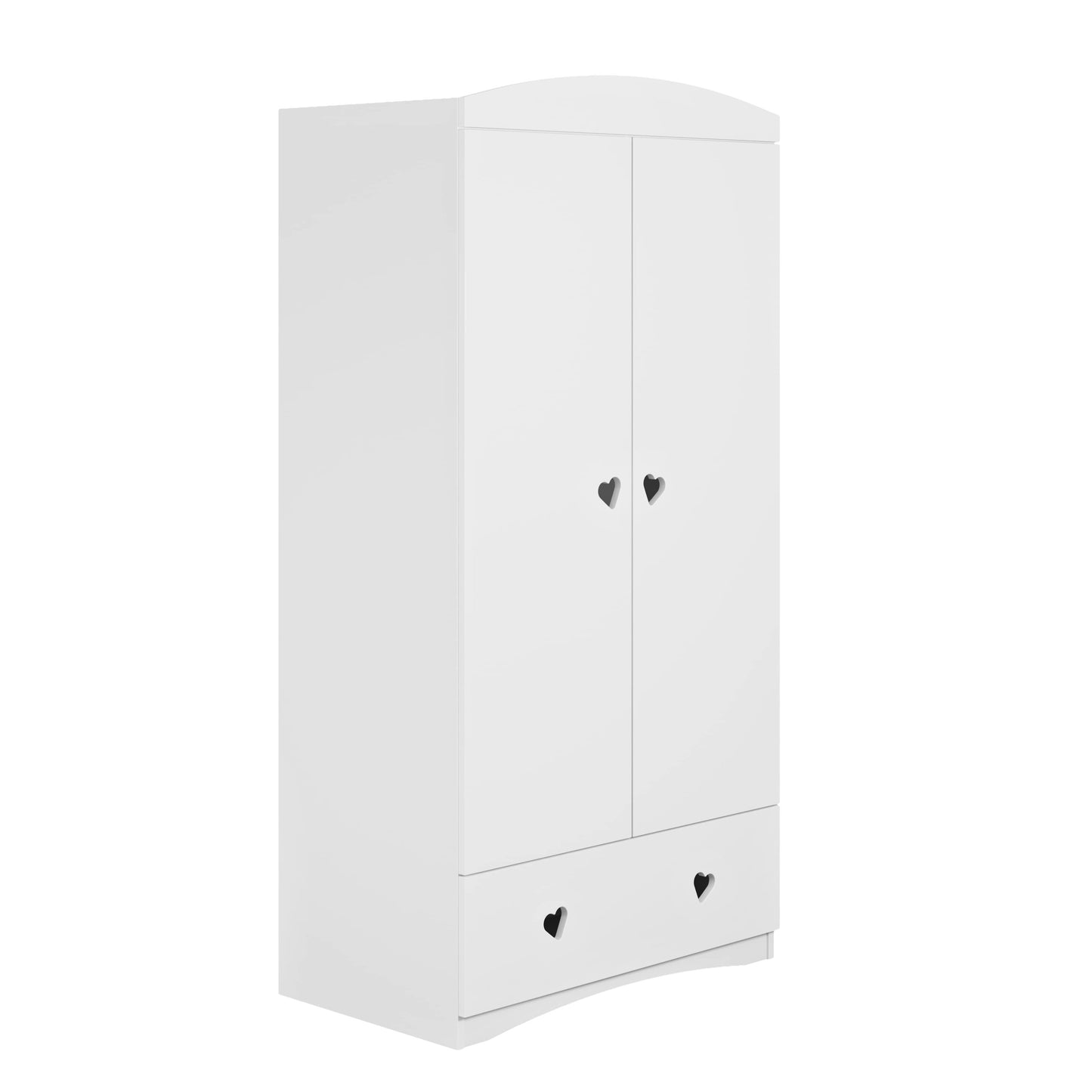 Three-quarter front view of white Julia kids wardrobe with heart handles and storage drawer