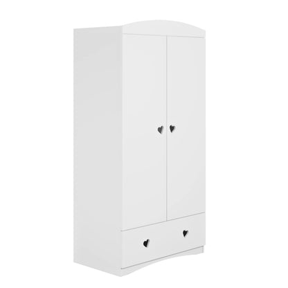 Three-quarter front view of white Julia kids wardrobe with heart handles and storage drawer