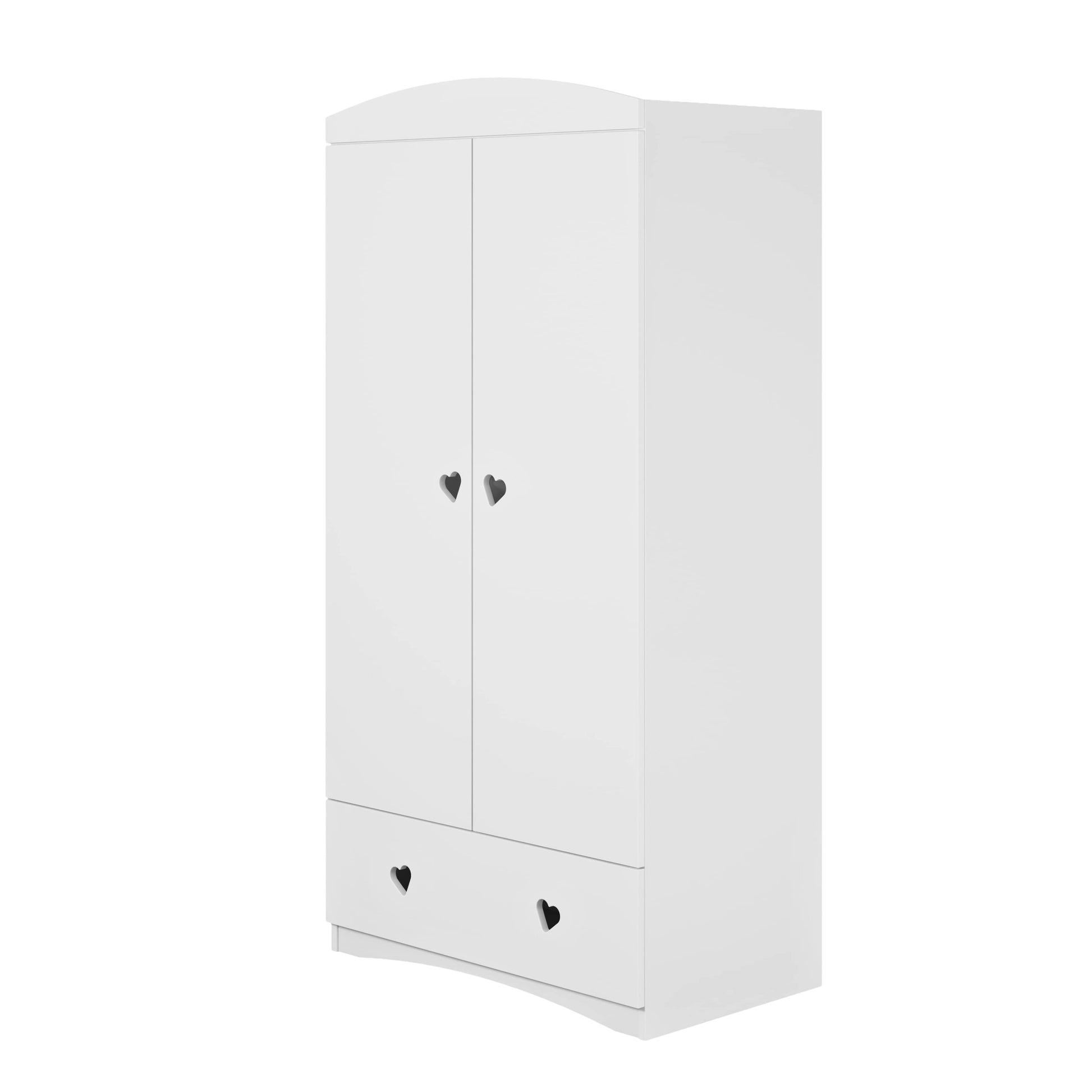Side angle view of white Julia wardrobe displaying curved top design and heart handles