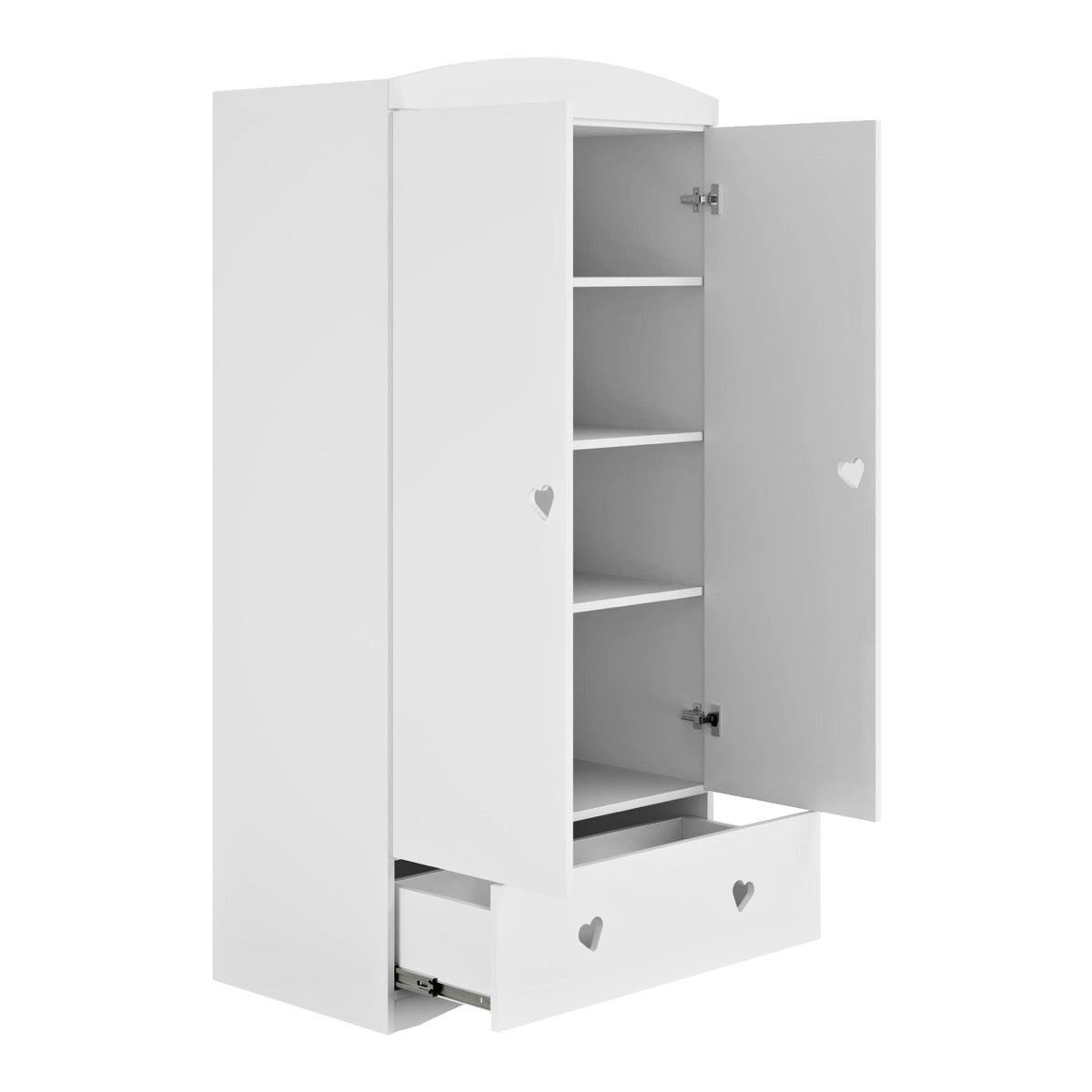 Interior view of Julia wardrobe with one door open showing four shelves and bottom drawer