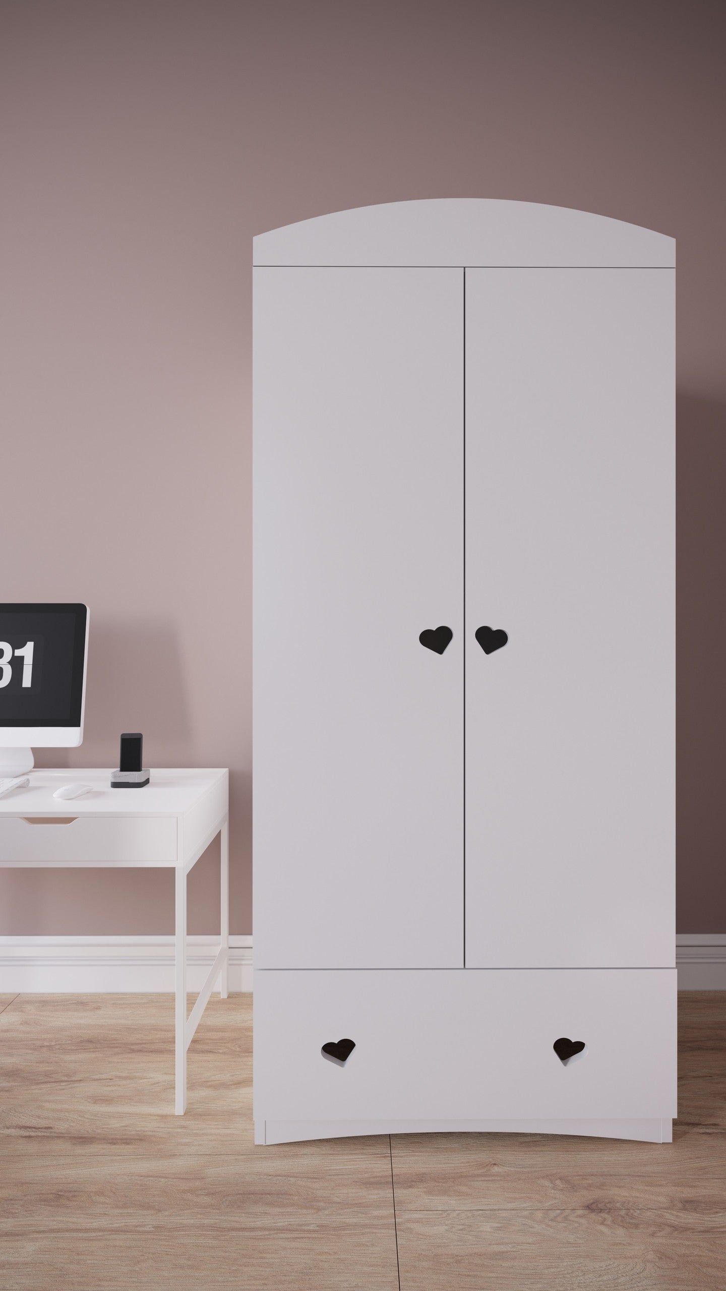 White Julia wardrobe with curved top and black heart cutout handles in bedroom