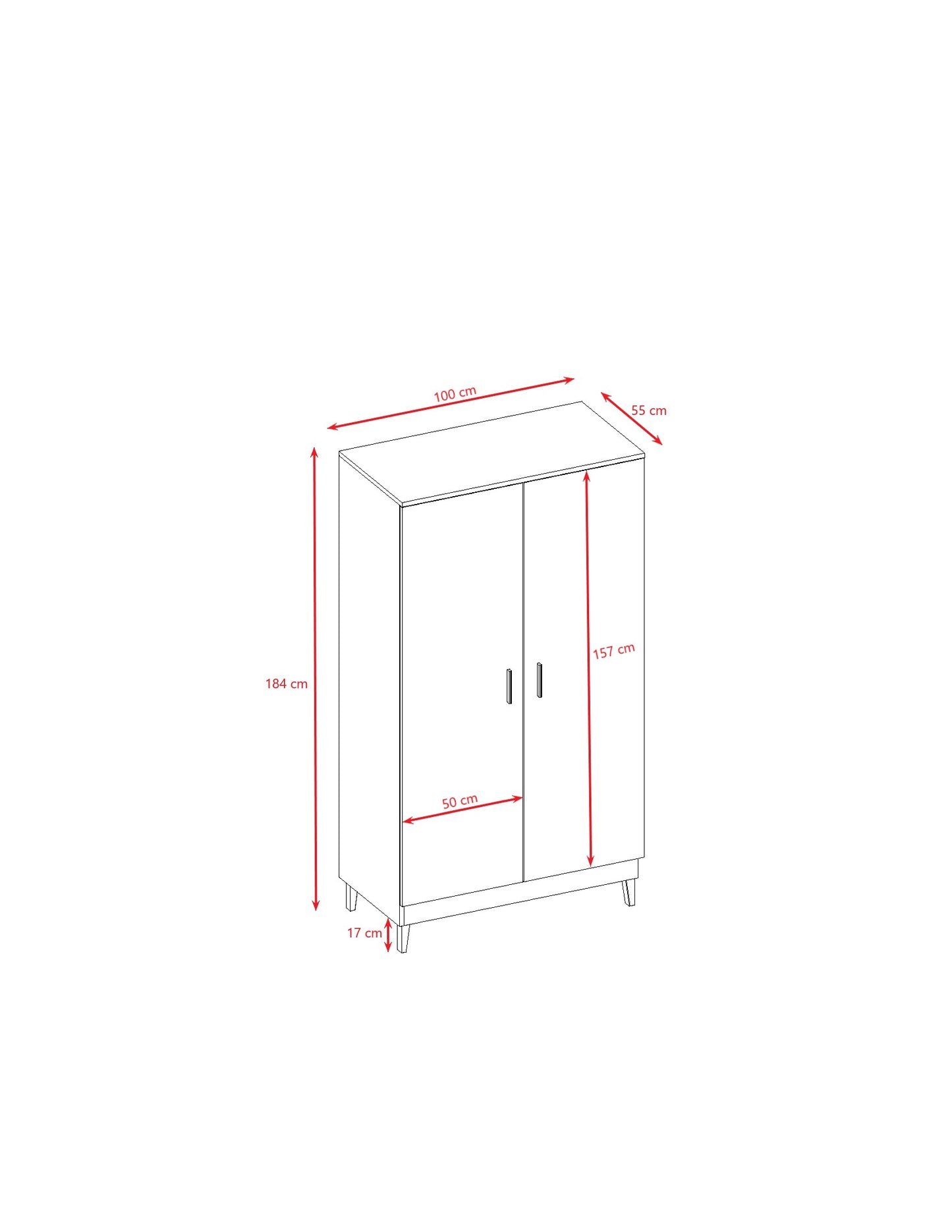 Kubi wardrobe dimensions diagram showing 184 cm height, 100 cm width, and 55 cm depth measurements