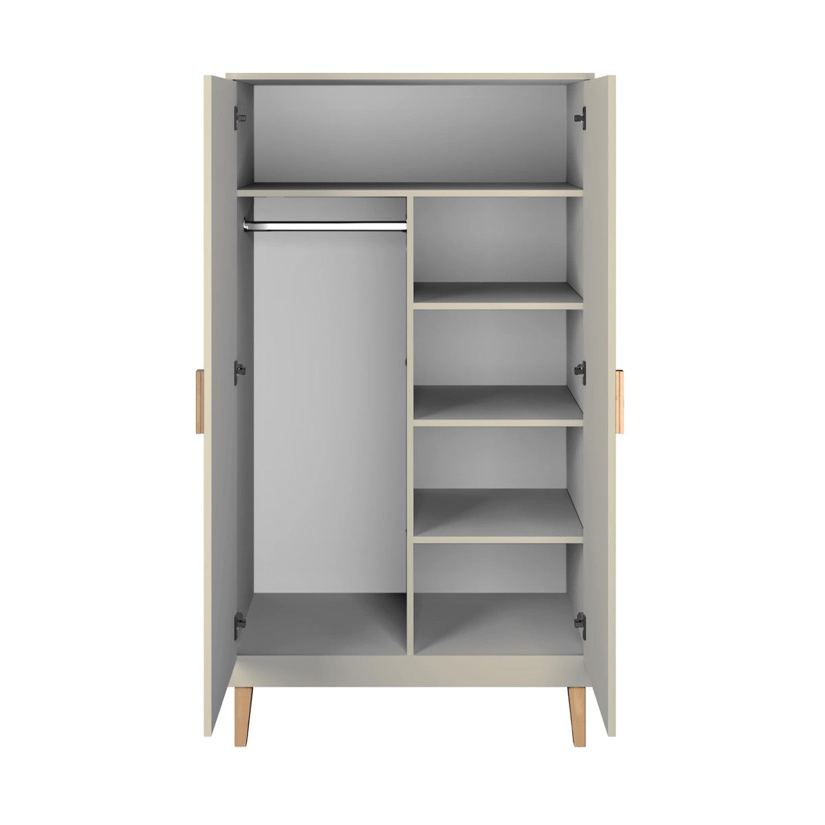 Kubi wardrobe interior with hanging rod on left, shelves on right, and open doors revealing storage layout