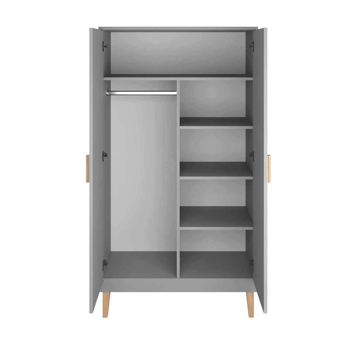 Open grey Kubi wardrobe showing hanging rail and shelving compartments inside