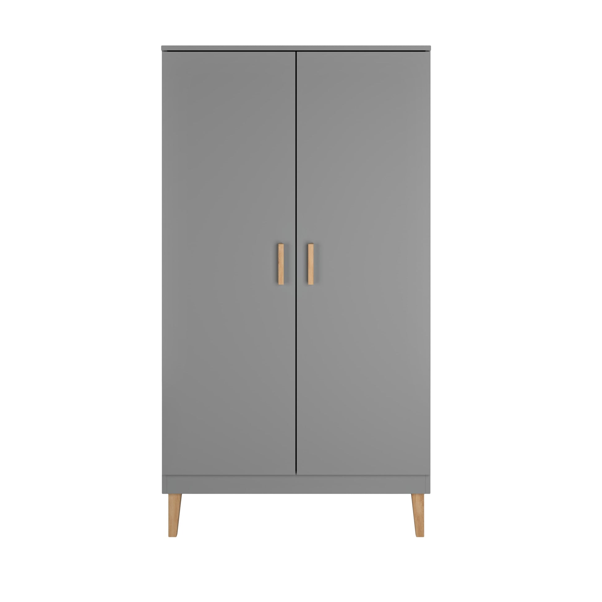 Grey Kubi wardrobe with two doors and natural oak handles, front view