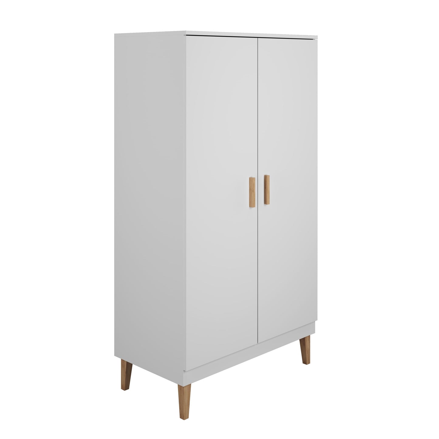 White two-door kids wardrobe with oak handles and legs, angled front view