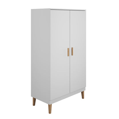 White two-door kids wardrobe with oak handles and legs, angled front view
