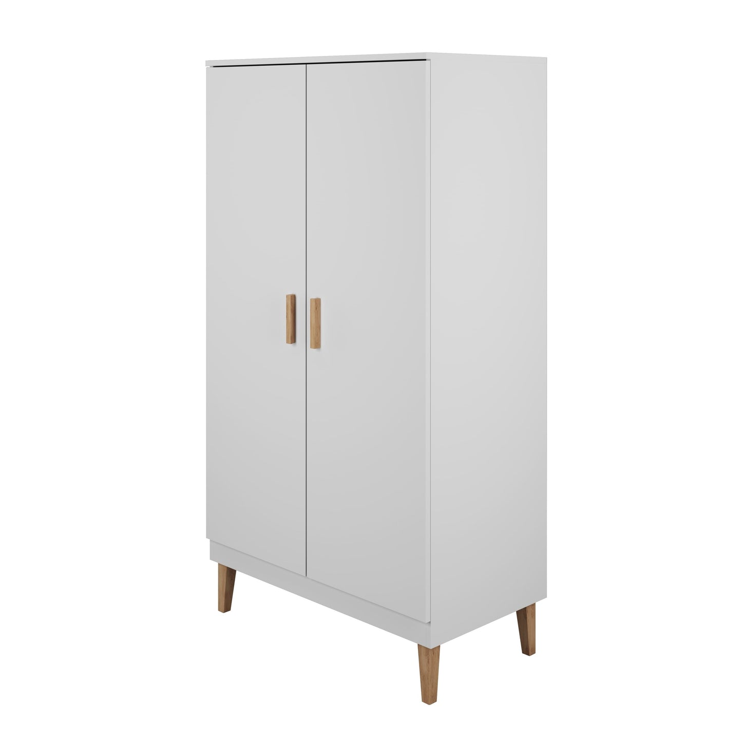 White Kubi children's wardrobe with solid oak legs and wooden handles, side angle