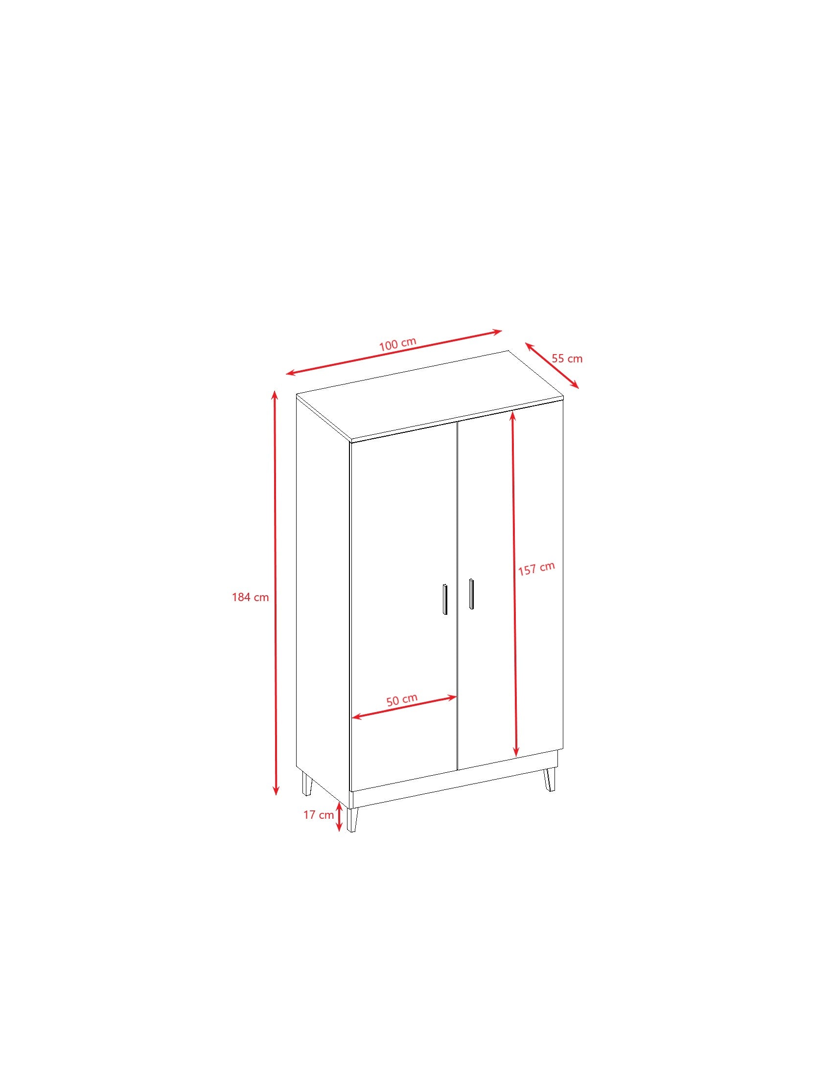 Kubi wardrobe dimension diagram showing height, width and depth measurements