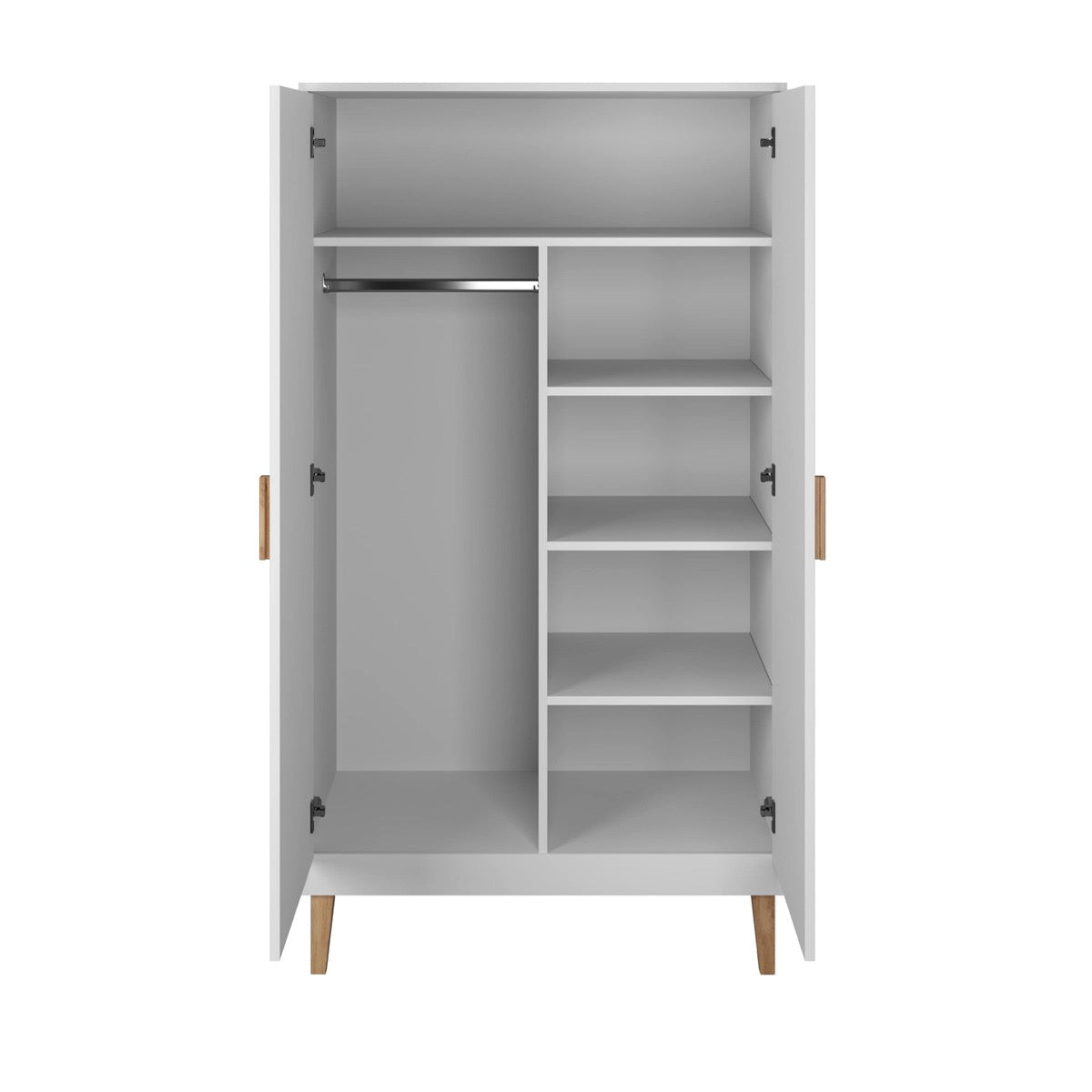 Open white kids wardrobe interior with hanging rail and shelves for storage