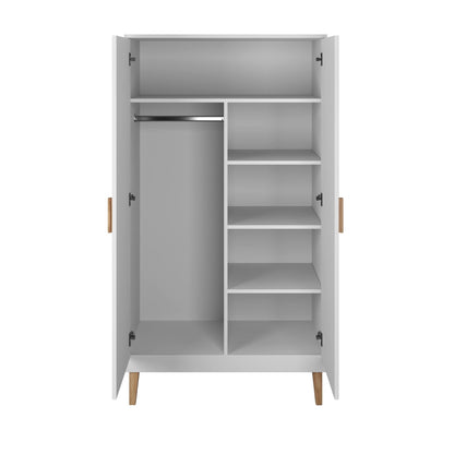 Open white kids wardrobe interior with hanging rail and shelves for storage