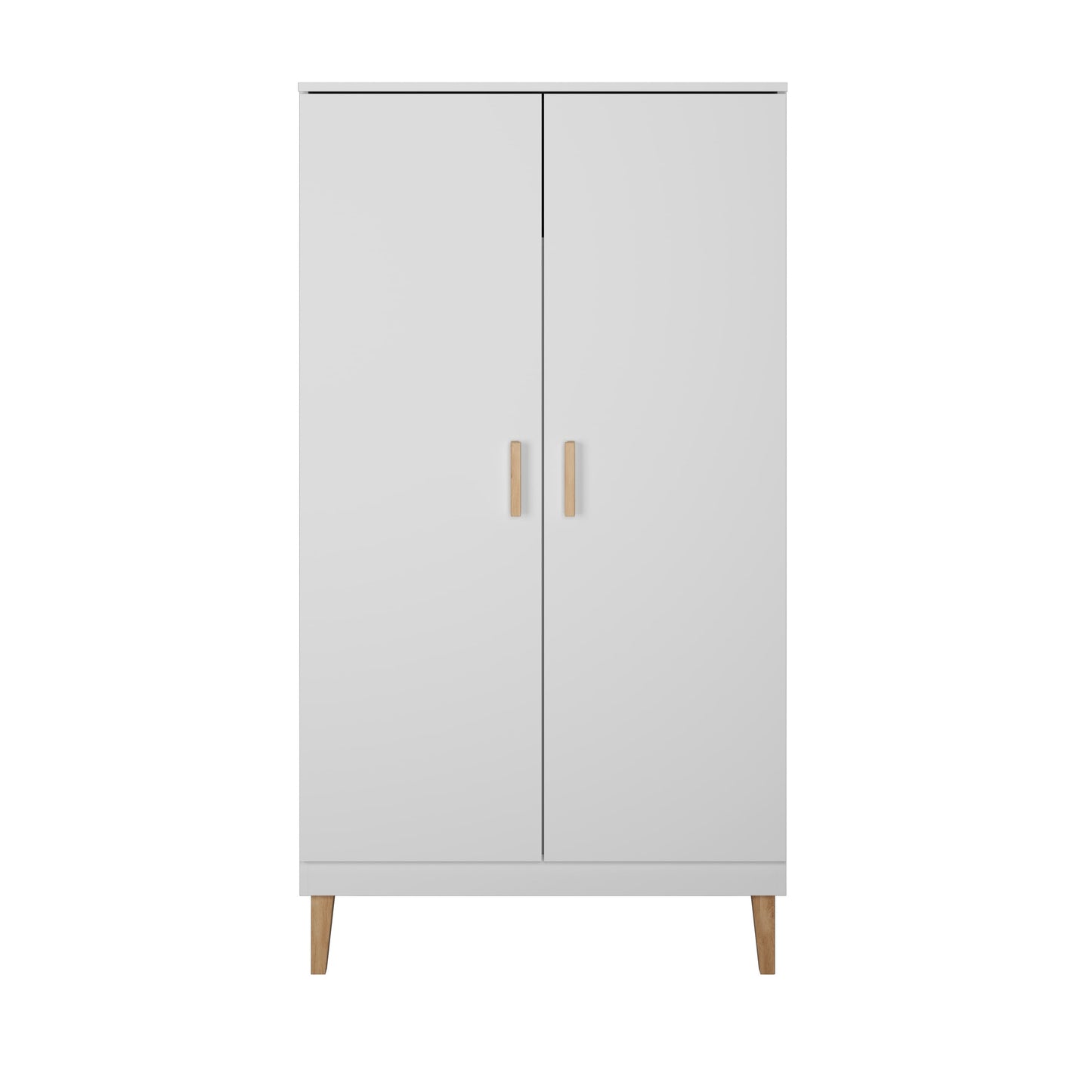 White Kubi children's wardrobe with oak legs, front view with doors closed