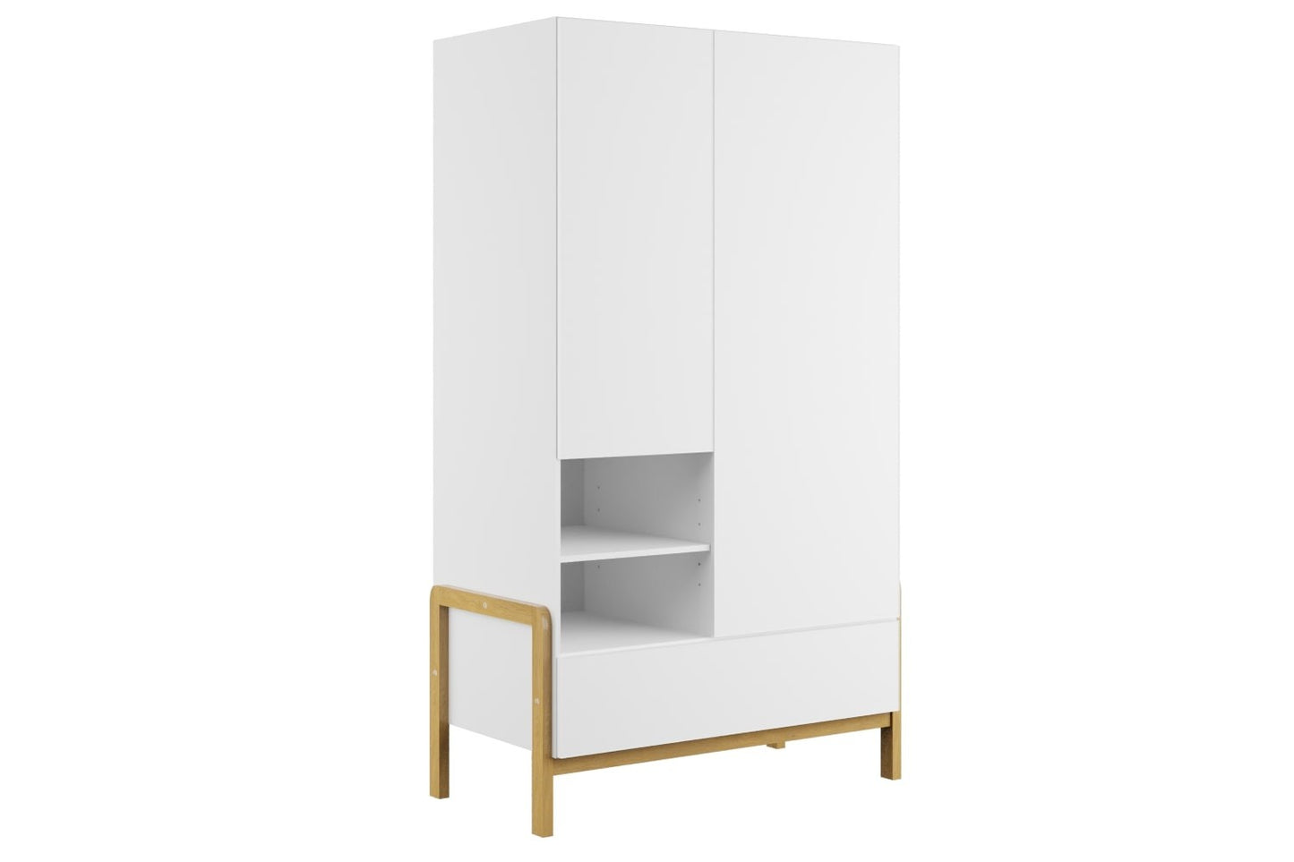 Victor wardrobe angled view showing white doors, gray open shelving, and natural oak base frame design