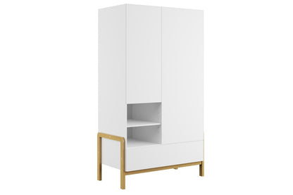 Victor wardrobe angled view showing white doors, gray open shelving, and natural oak base frame design