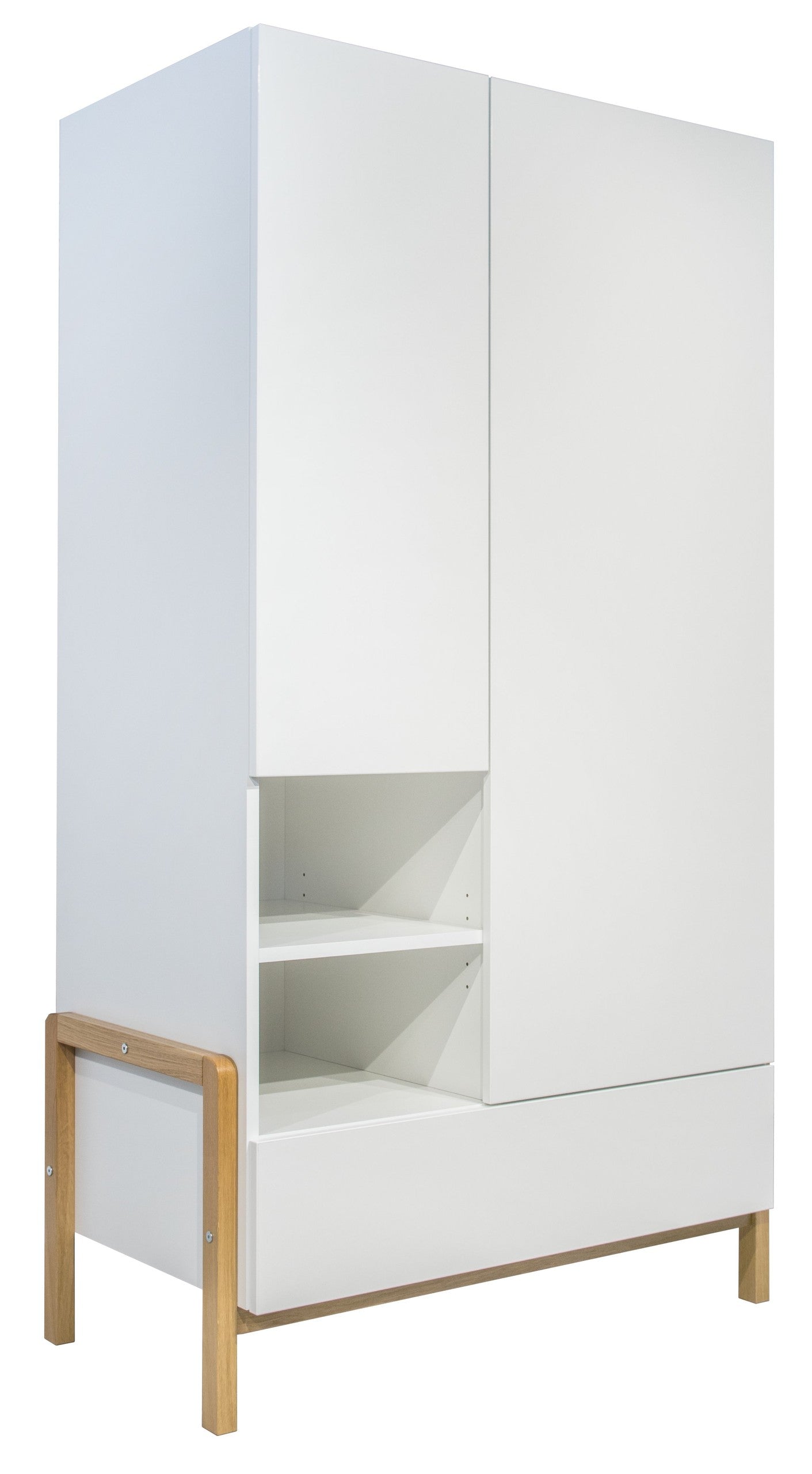 Victor wardrobe rear view showing white cabinet, open shelving compartments, and natural oak leg frame
