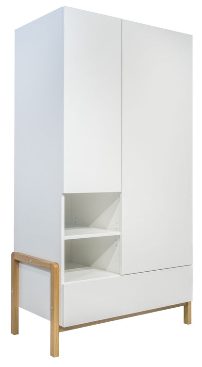 Victor wardrobe rear view showing white cabinet, open shelving compartments, and natural oak leg frame