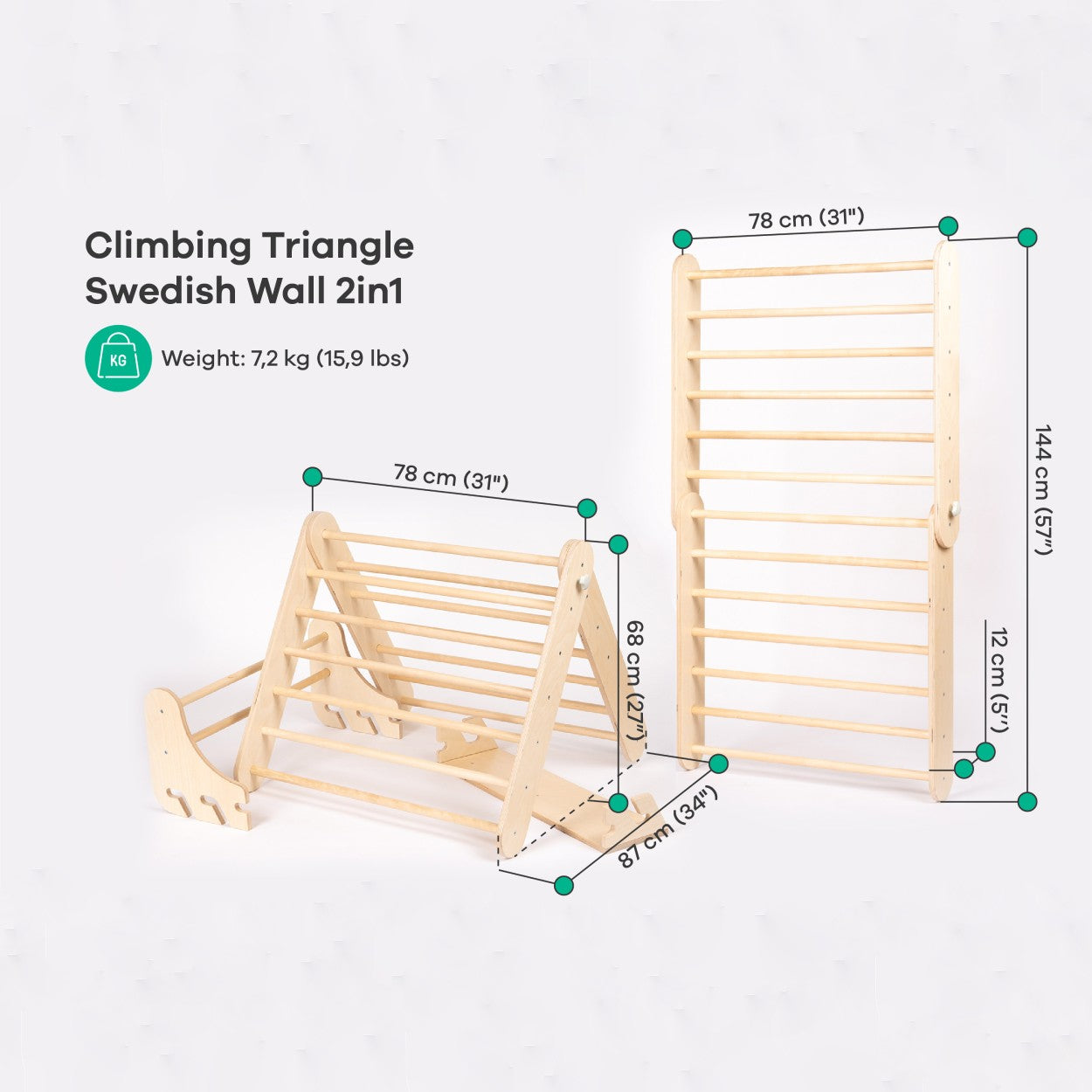 Leg&go Pikler triangle climber with Swedish wall dimensions and specifications labeled