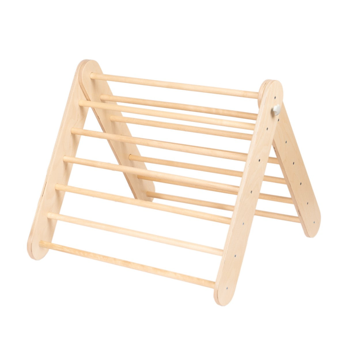 Natural birch Pikler triangle climber shown from angled side view