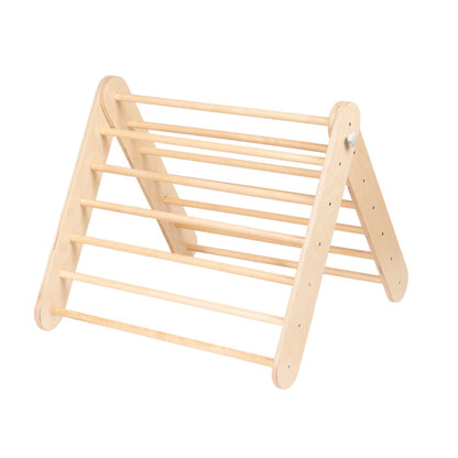 Natural birch Pikler triangle climber shown from angled side view
