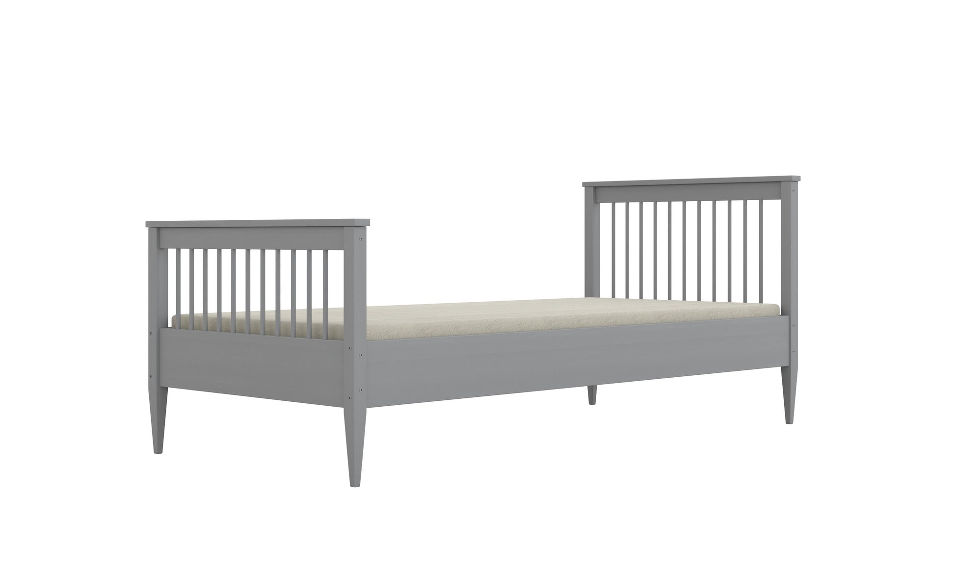 Emilia kids bed gray finish front view with vertical rails and birch slat support