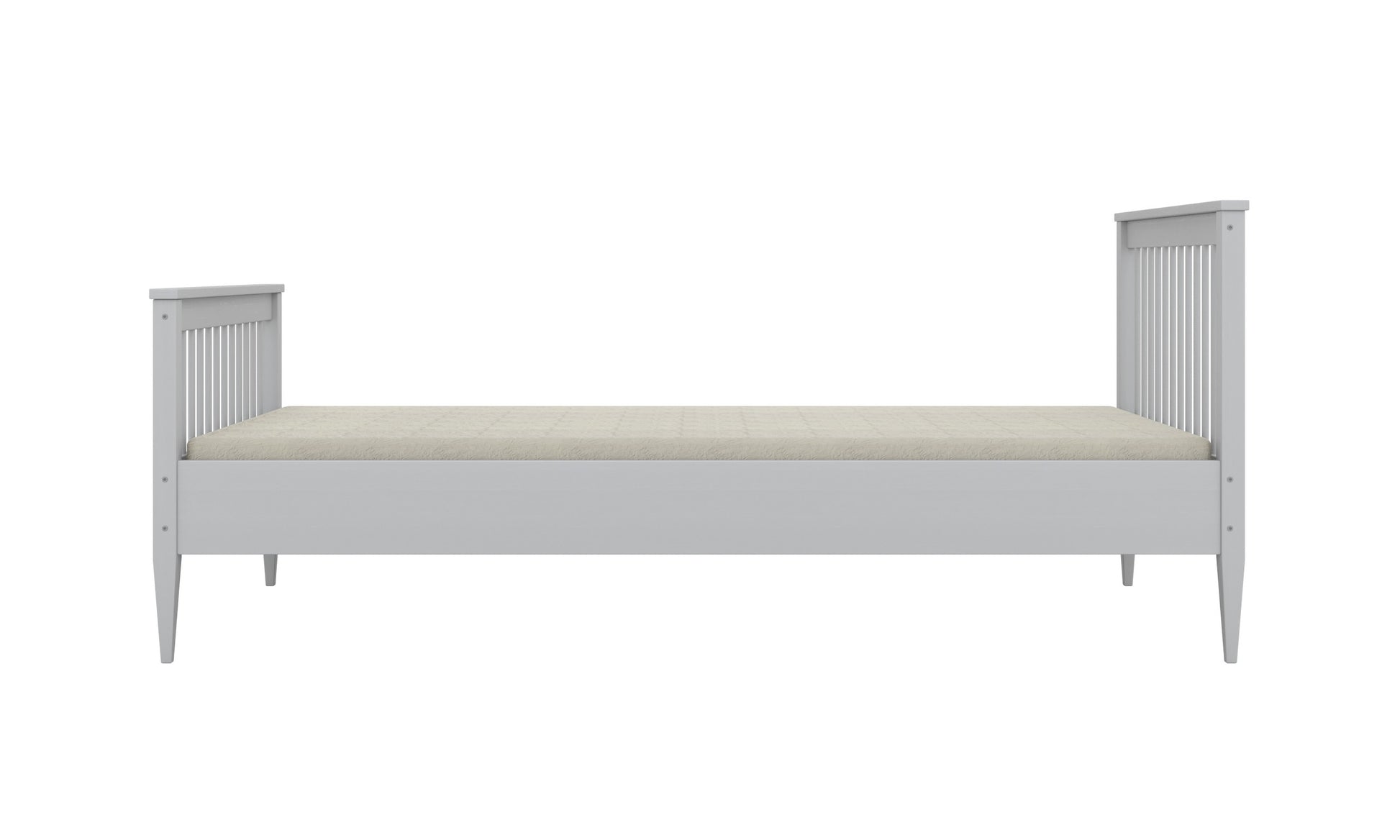 Gray Emilia toddler bed side profile showing low frame and spindle headboard