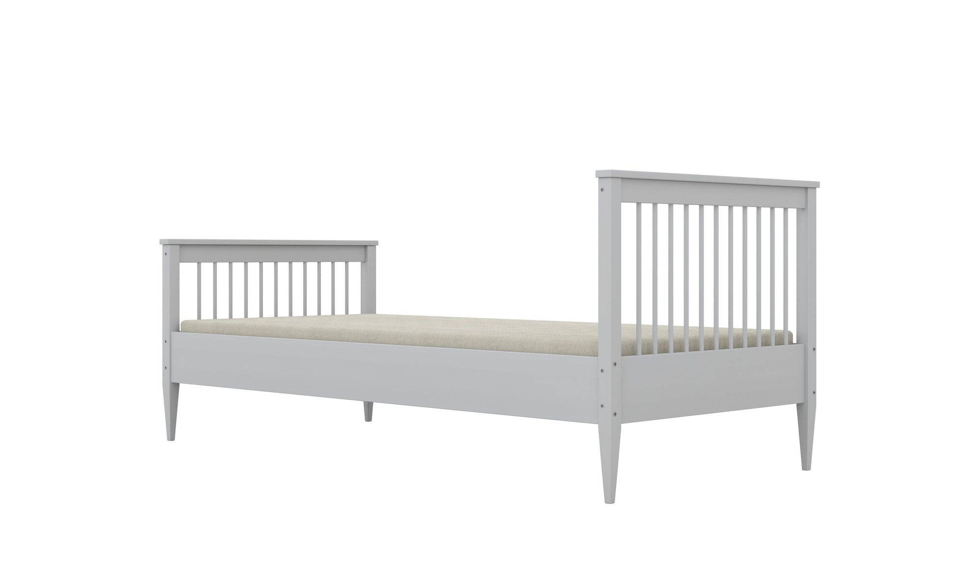 Gray finish Emilia kids bed angled view with slatted headboard and footboard