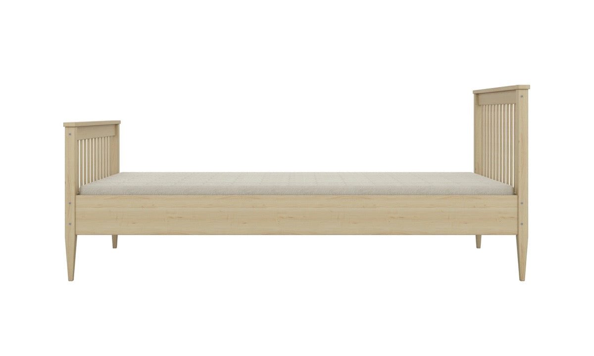 Natural wood Emilia kids bed side view with minimalist vertical slat design