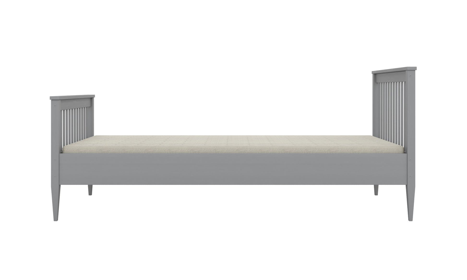 Gray Emilia wooden kids bed profile view with tapered legs and slat rails
