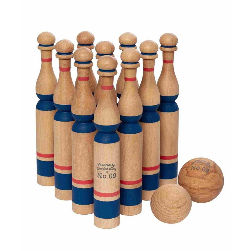 Wooden Story bowling pins set with 10 natural wood pins with blue bands, red stripes, and 2 wooden balls displayed